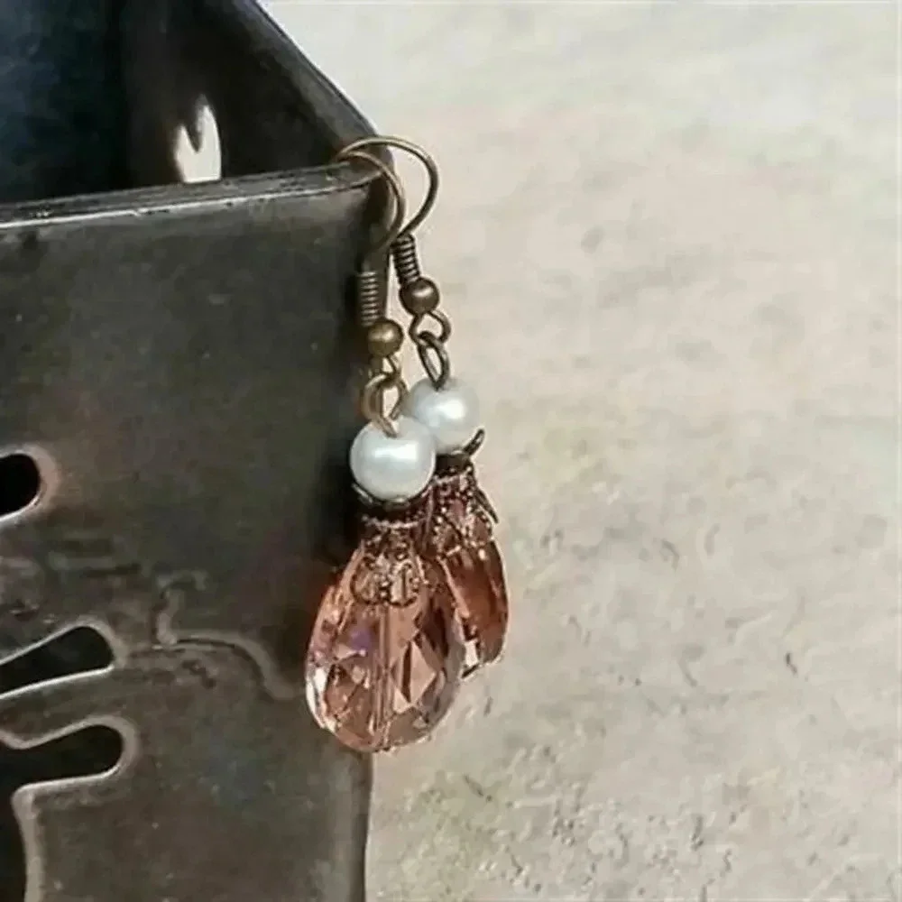 Steampunk Pink Faceted Glass Teardrop Antiqued Brass Dangle Earrings